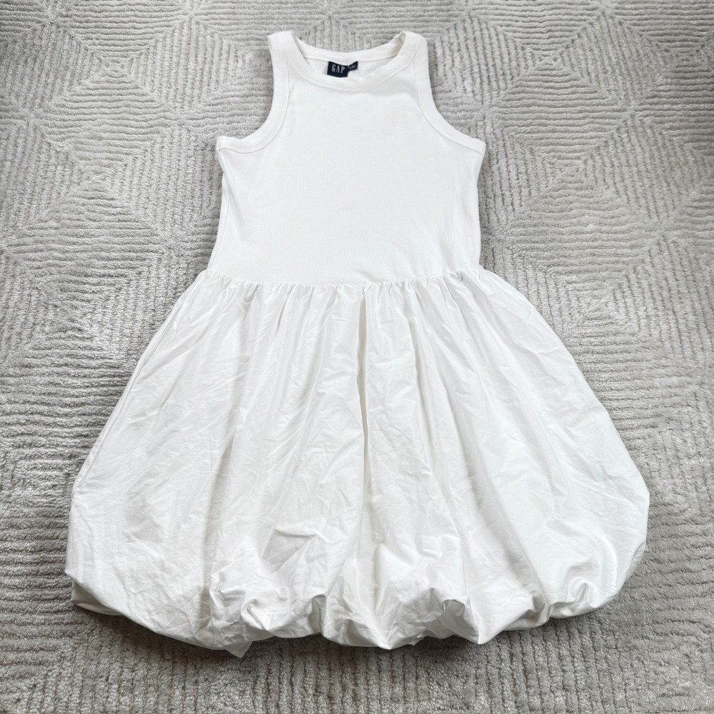 Gap Bubble Hem Mini Dress Women's Medium White Ribbed Balletcore Coquette Clean